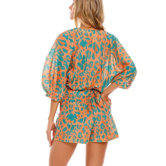 Agua Bendita orange green elastic waist v neck unlined Romper Size Medium - Picture 2 of 8